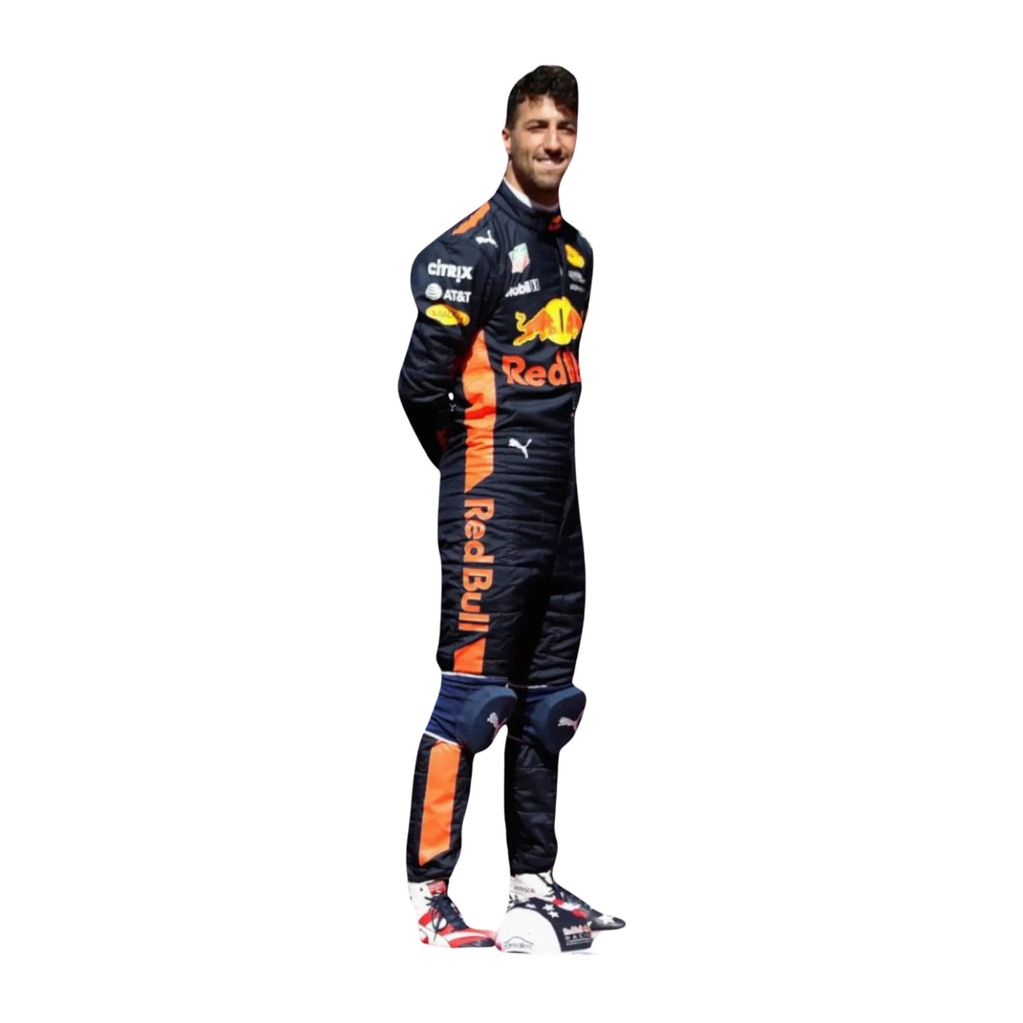 Left side view of Daniel Ricciardo’s 2017 racing suit, highlighting embroidered sponsor logos and a precision-tailored racing fit