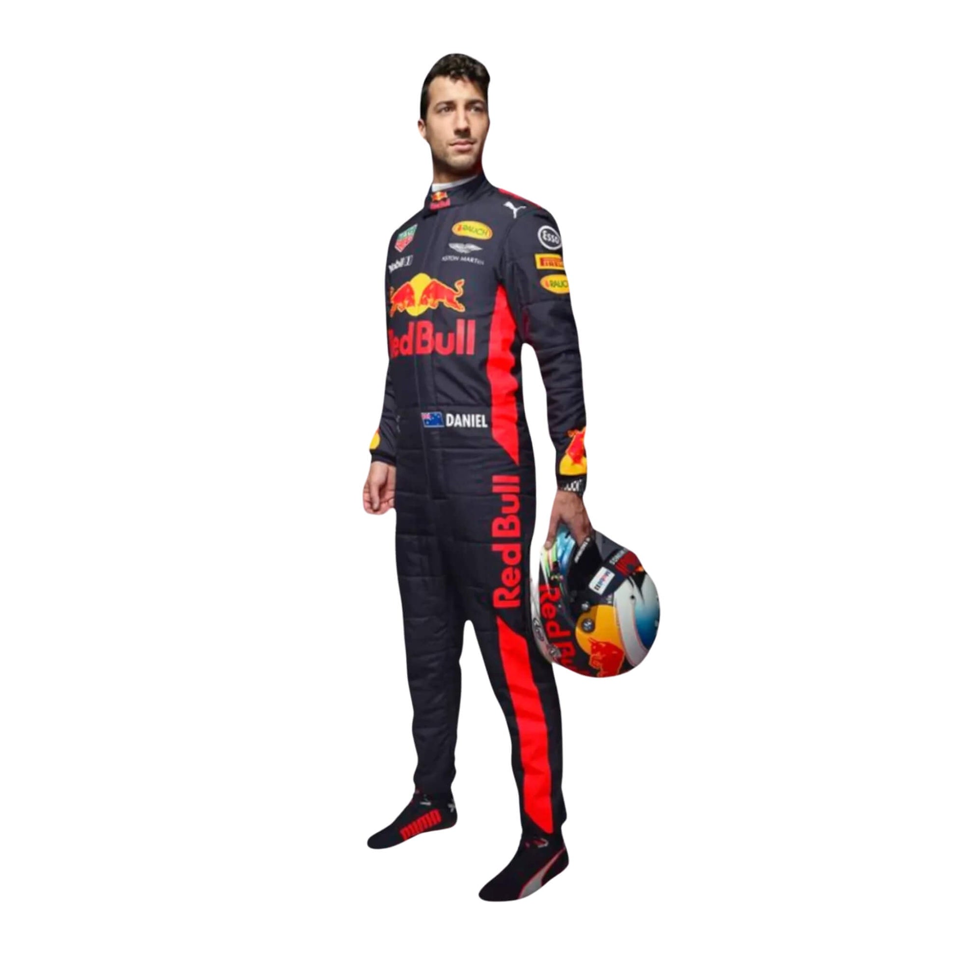 Right side view of Daniel Ricciardo’s 2017 F1 racing suit, showcasing embroidered sponsor patches, sleek design, and fit for maximum performance.

