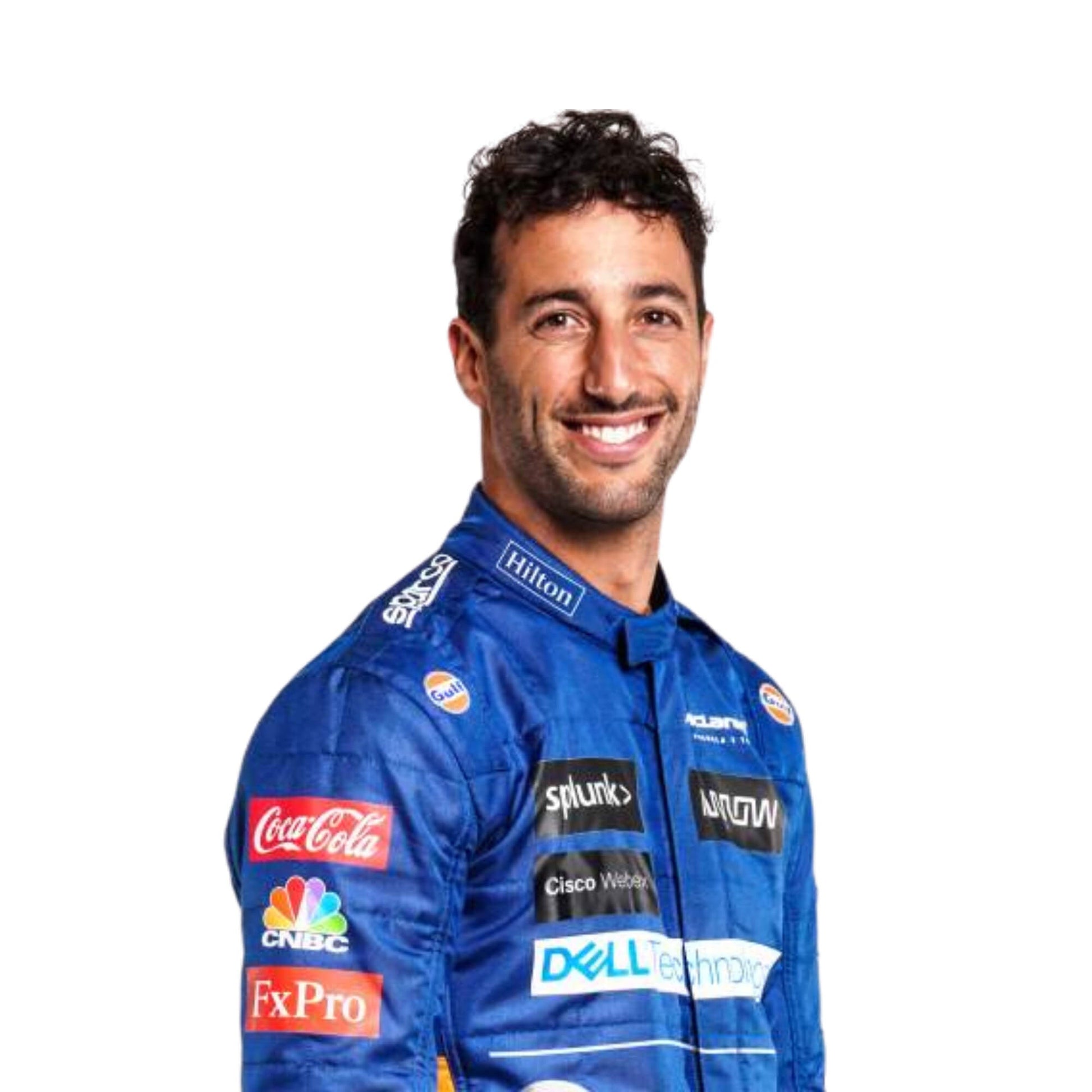 Close-up of embroidery and sponsor patches on Daniel Ricciardo’s 2021 F1 suit showcasing craftsmanship