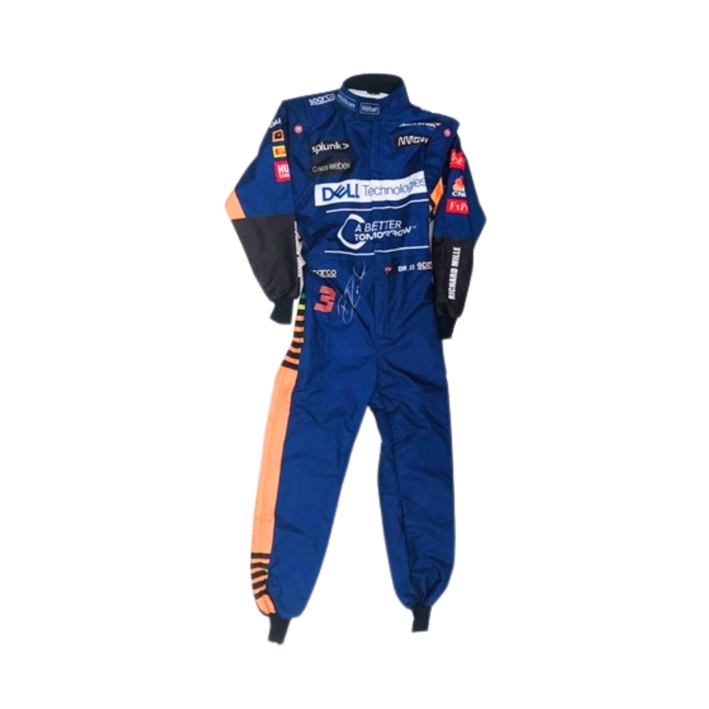Daniel Ricciardo 2021 F1 racing suit front view showing vibrant orange and blue colorway with detailed sponsor branding