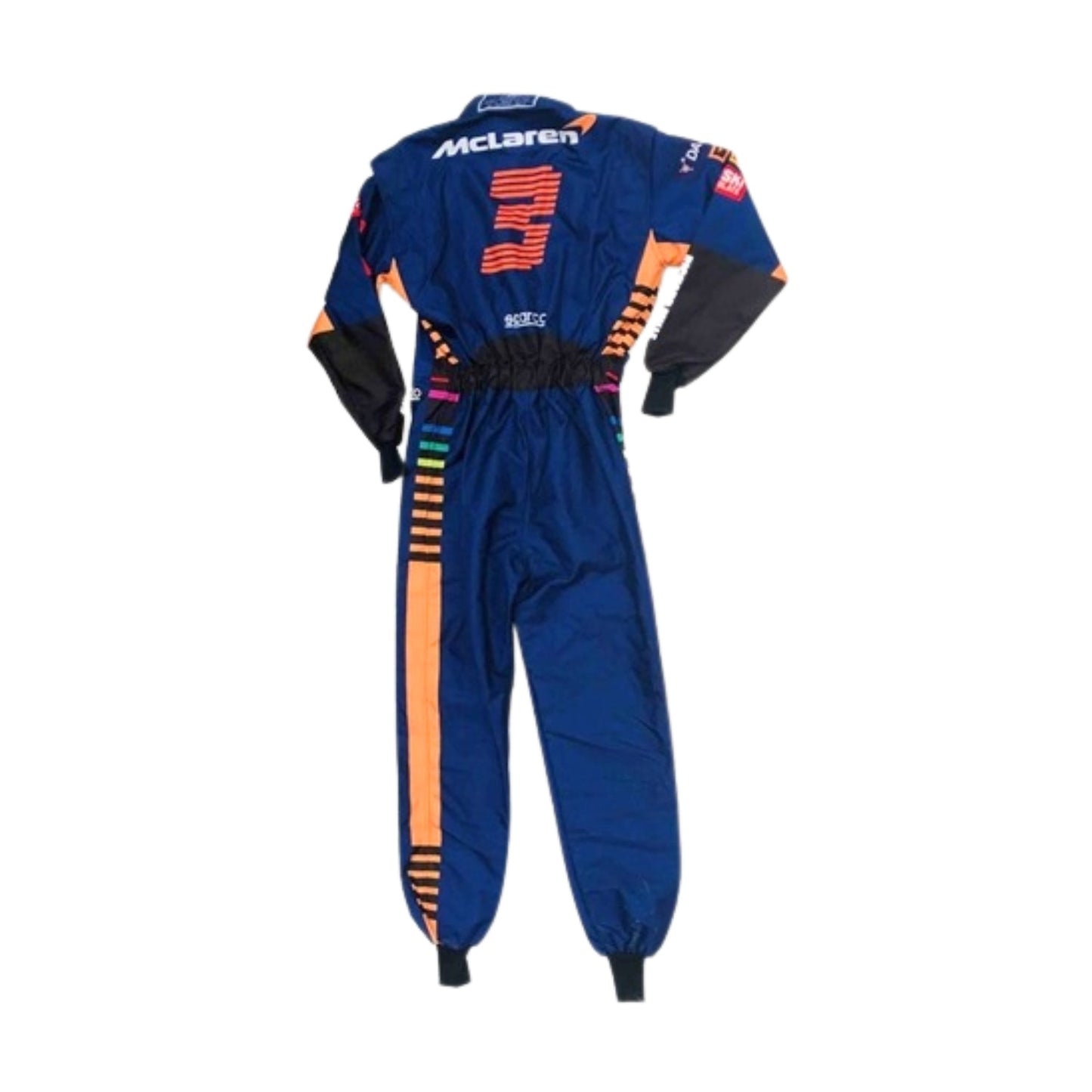 Backside of Daniel Ricciardo 2021 Formula 1 race suit featuring name print and bold color paneling