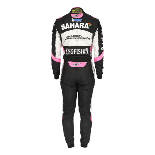 Back view of Esteban Ocon’s 2017 racing suit showing number placement, sponsor logos, and ergonomic design
