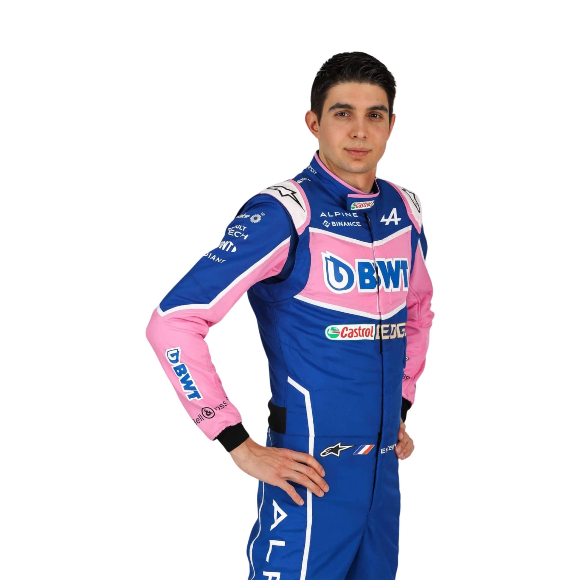 Close-up of Esteban Ocon’s 2022 F1 racing suit, capturing the intricate stitching and detail on the suit's fabric.