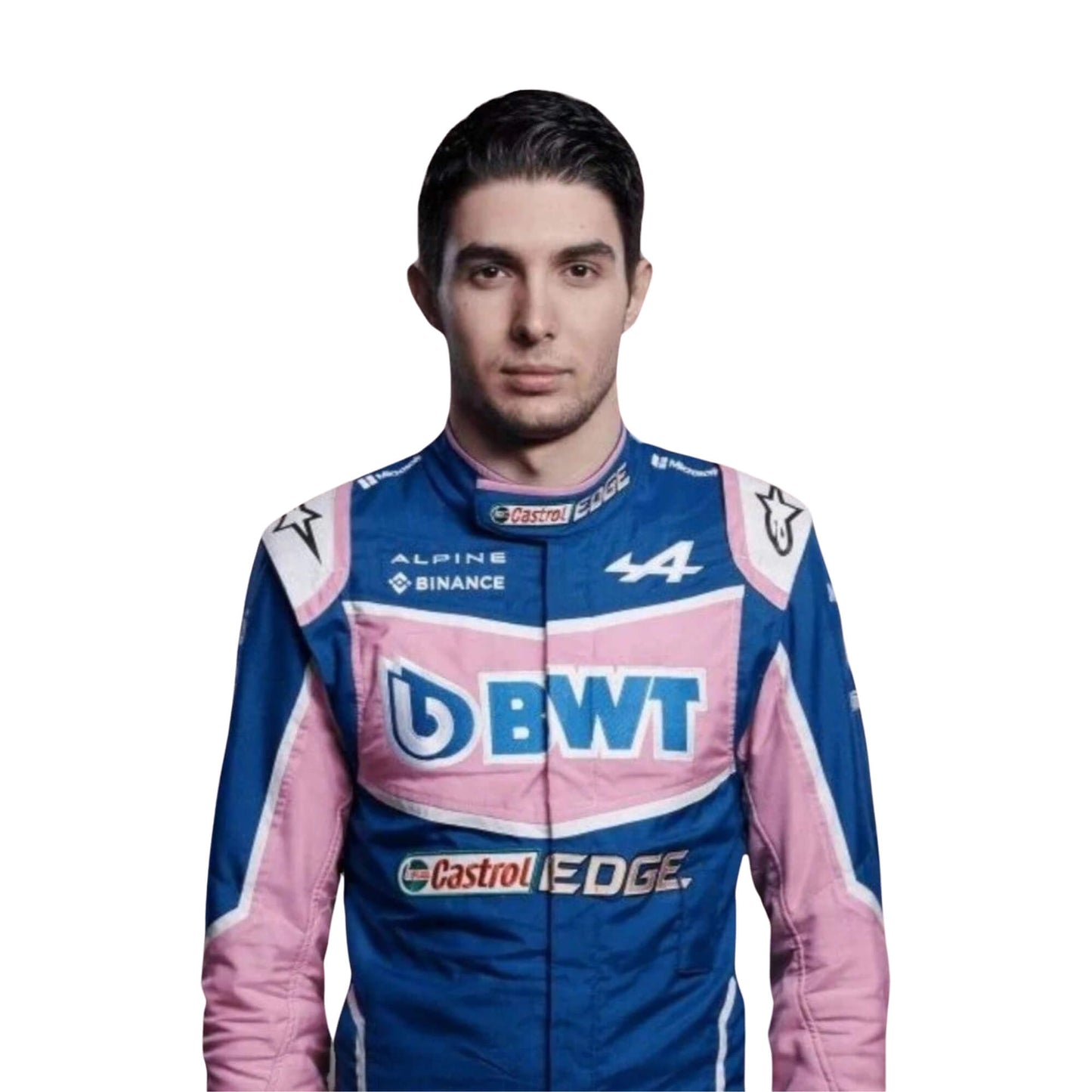 Close-up of Esteban Ocon’s 2022 F1 racing suit, capturing the intricate stitching and detail on the suit's fabric.