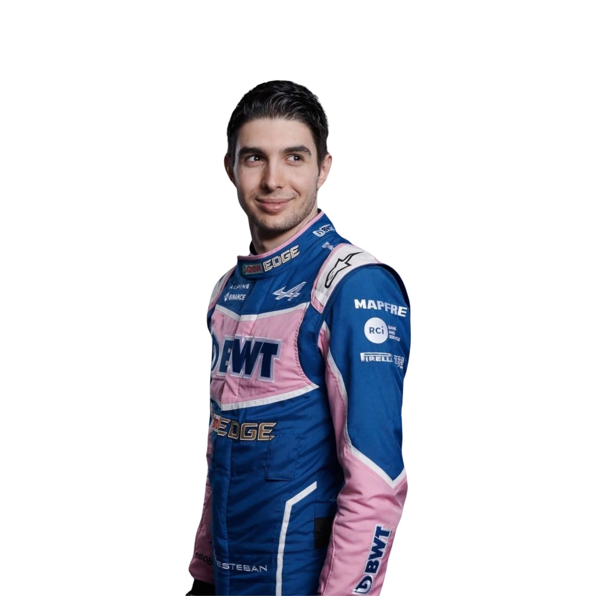 Close-up of Esteban Ocon’s 2022 F1 racing suit, capturing the intricate stitching and detail on the suit's fabric.