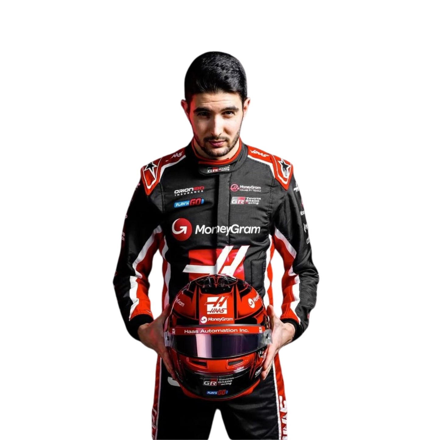 Close-up of Esteban Ocon's special edition helmet for the 2025 season, adorned with unique design elements.
