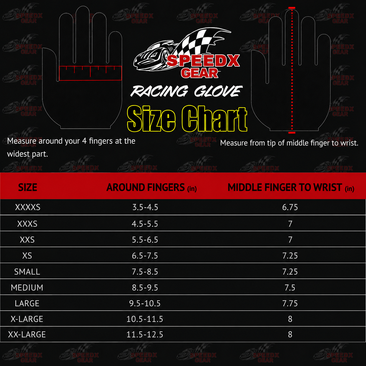 F1 Racing Gloves Size Chart - Speedxgear
