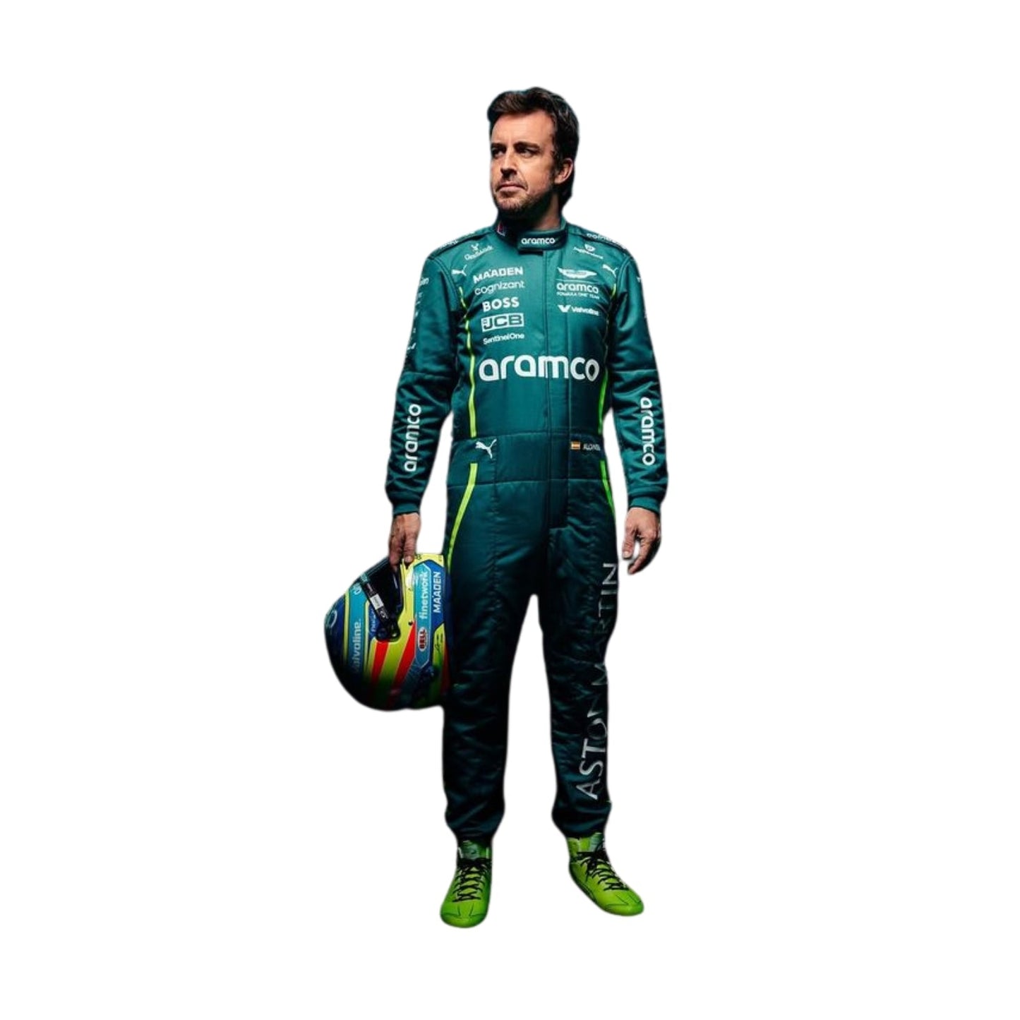 Front view of the 2025 F1 racing costume worn by Fernando Alonso showcasing British racing green with neon lime accents, breathable paneling, and detailed sponsor placements.