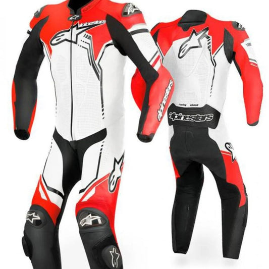 GP Plus One-Piece Motorcycle Leather Racing Suit White, Black, and Fluo Red SpeedX Gear