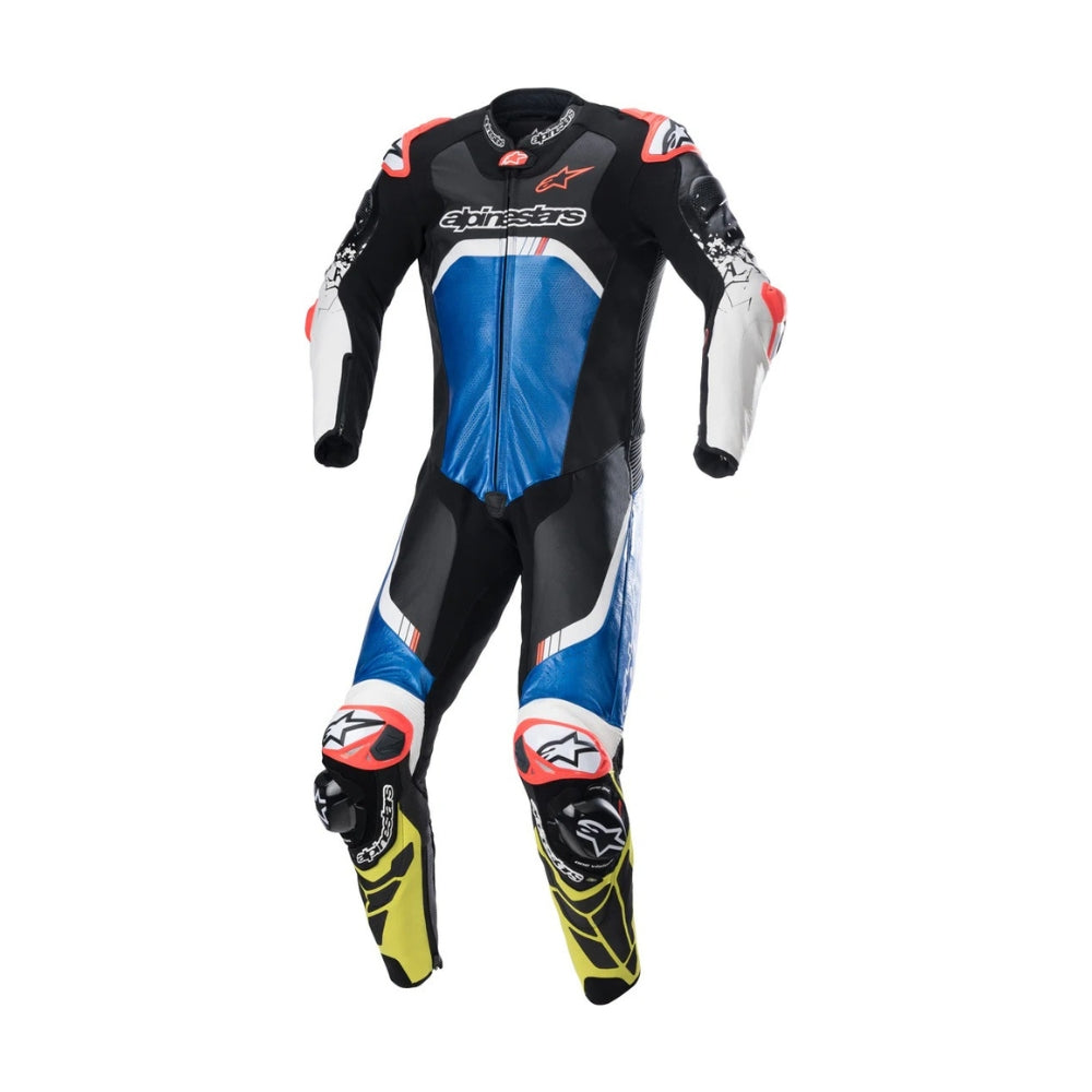 GP Tech 4 One-Piece Motorcycle Leather Racing Suit Black, Blue, and Yellow SpeedX Gear