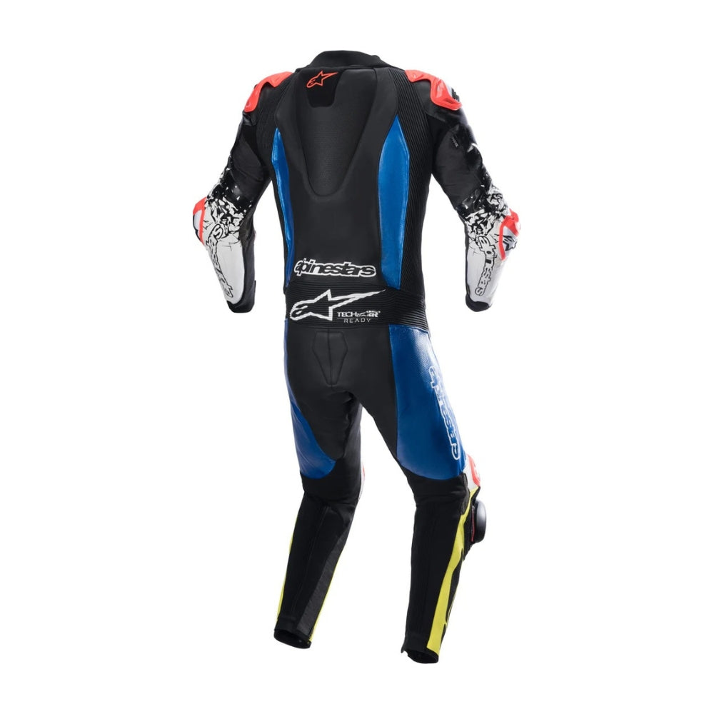 GP Tech 4 One-Piece Motorcycle Leather Racing Suit Black, Blue, and Yellow SpeedX Gear