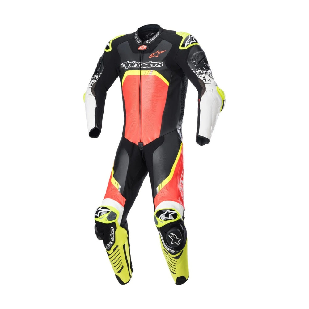 GP Tech 4 One-Piece Motorcycle Leather Racing Suit Black, Orange, and Yellow SpeedX Gear