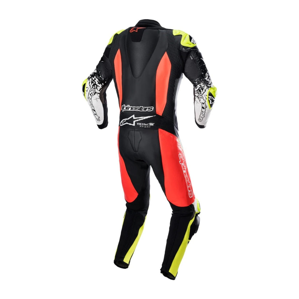 GP Tech 4 One-Piece Motorcycle Leather Racing Suit Black, Orange, and Yellow SpeedX Gear