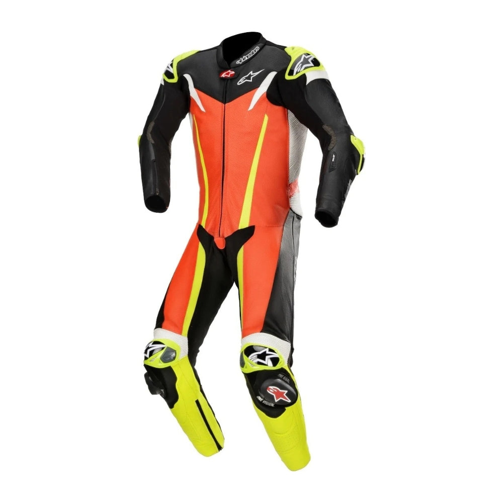 GP Tech V3 One-Piece Perforated Motorcycle Leather Suit Black and Red Fluo SpeedX Gear