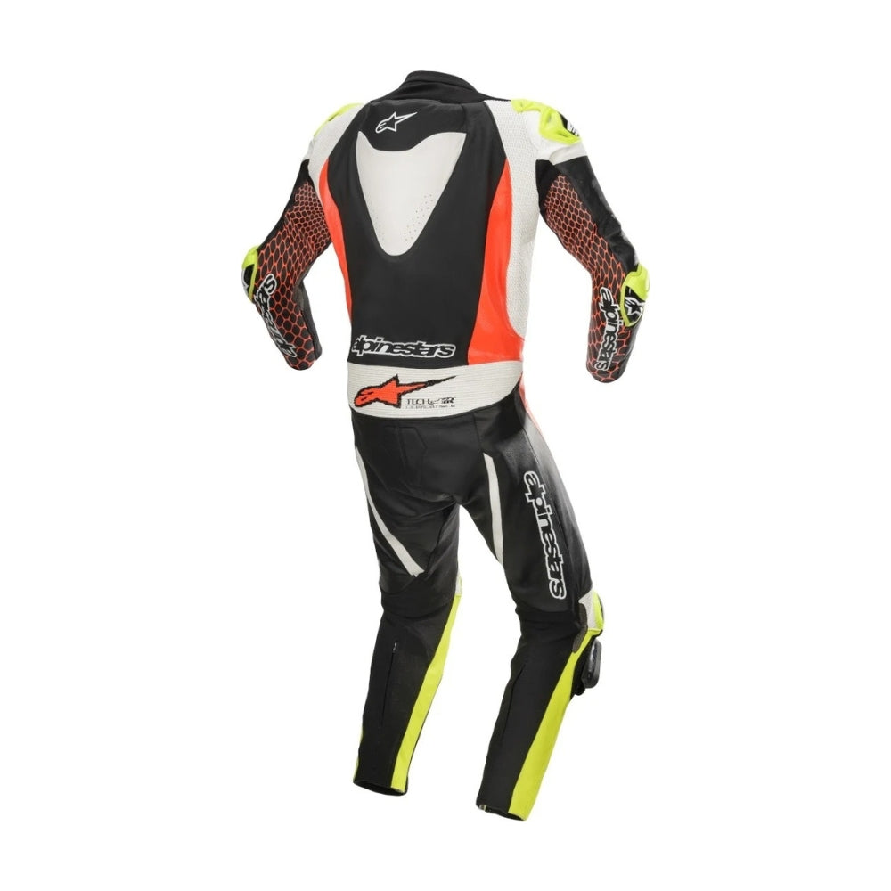 GP Tech V3 One-Piece Perforated Motorcycle Leather Suit Black and Red Fluo SpeedX Gear