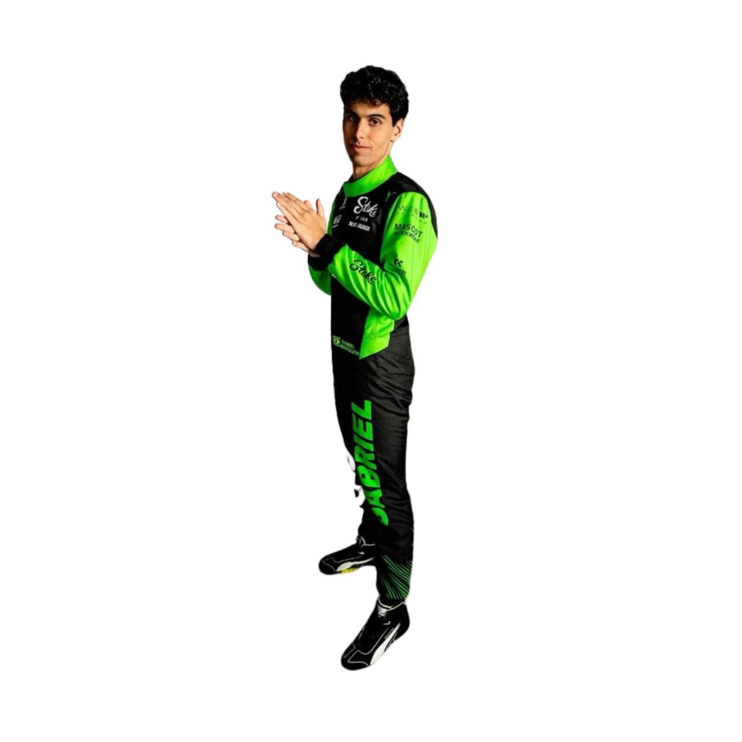 Side profile of Gabriel Bortoleto wearing his 2025 racing suit, highlighting the suit's aerodynamic fit and detailing.
