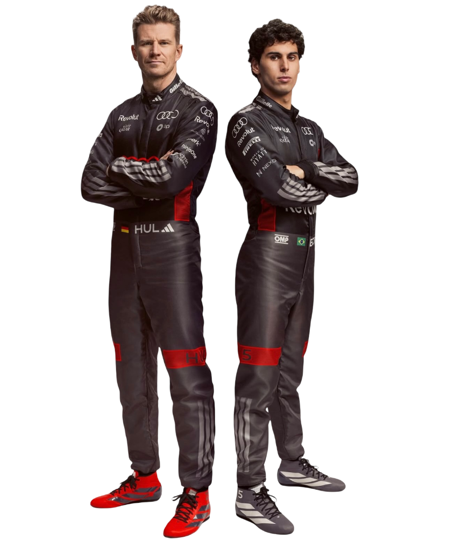  nico hulkenburg and GabrielBortoleto   wearing a black and red 2026 f1 racing suit with Audi logo on a white background speedxgear