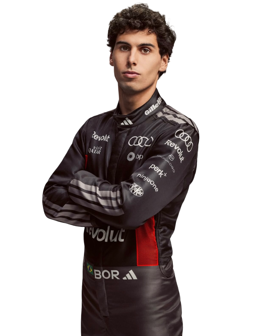 close view of Gabriel Bortoleto wearing a 2026 f1 racing suit with Audi logo on a white background speedxgear