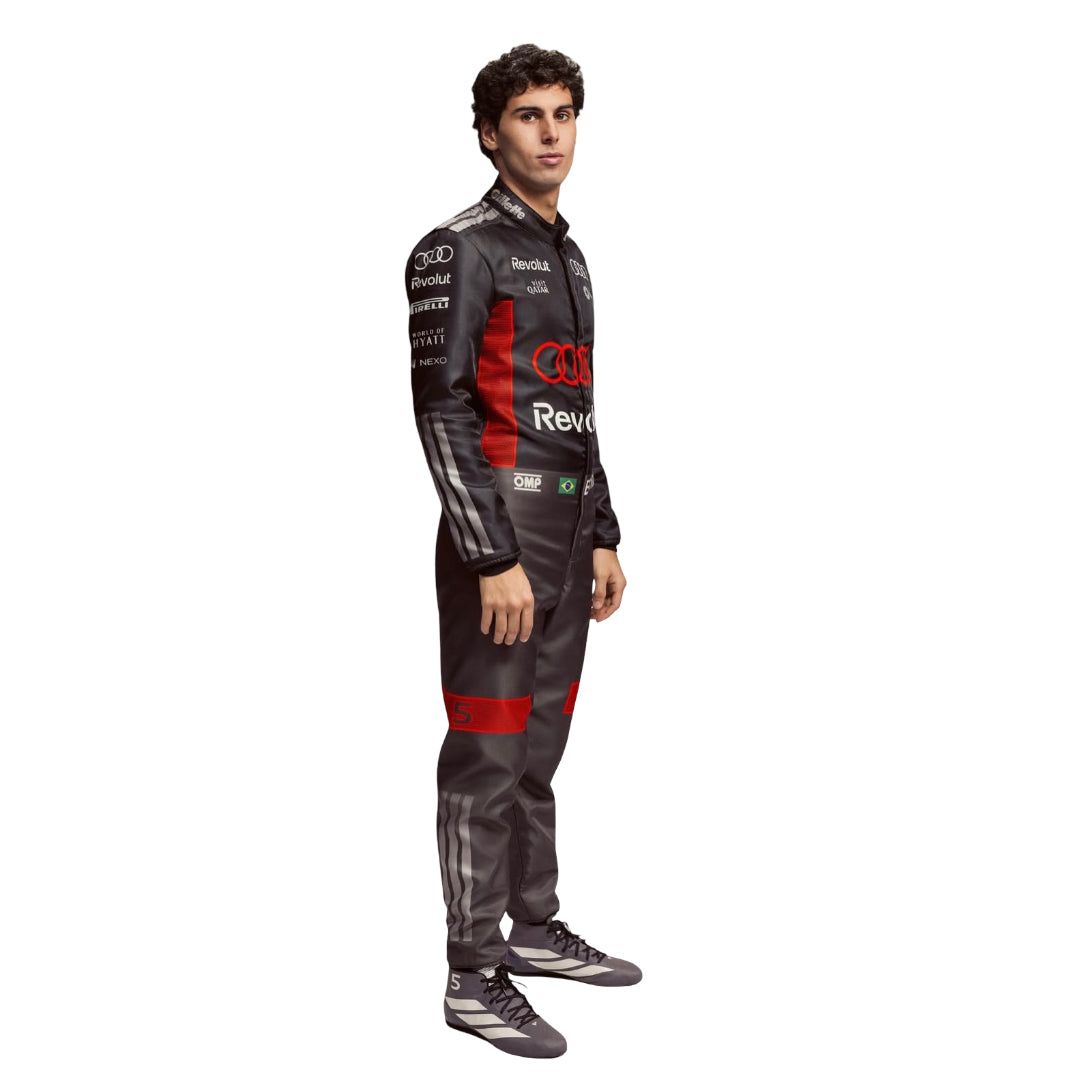 Right view of Gabriel Bortoleto wearing a 2026 f1 racing suit with Audi logo on a white background 