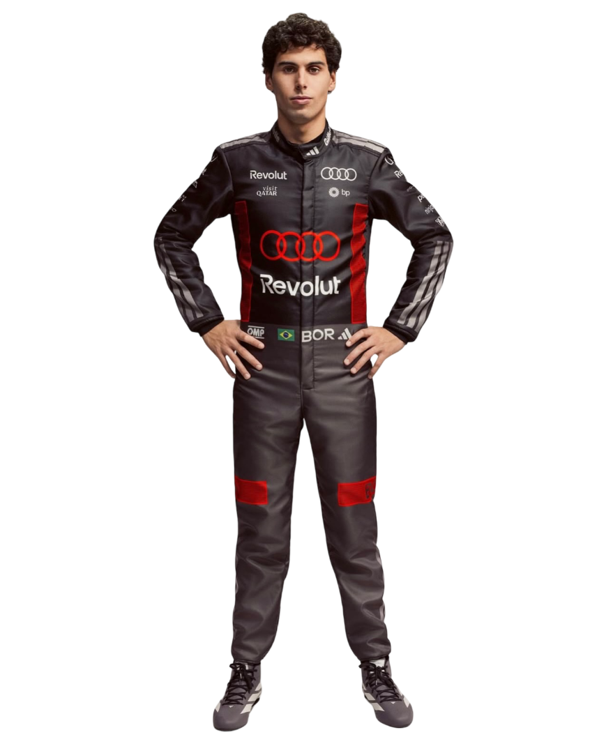 Front view of Gabriel Bortoleto wearing a 2026 f1 racing suit with Audi logo on a white background speedxgear