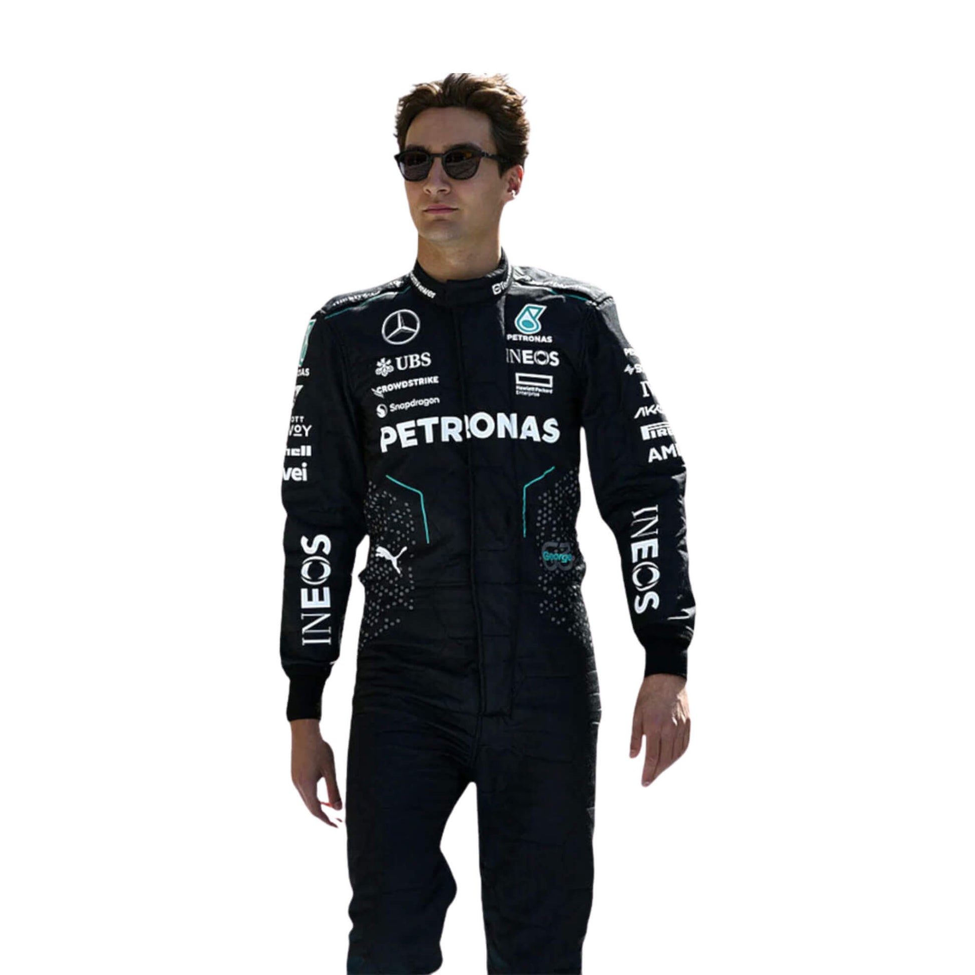 Detailed close-up of fabric texture and stitching on George Russell’s 2024 motorsport suit, highlighting durability, breathability, and bold race elements.