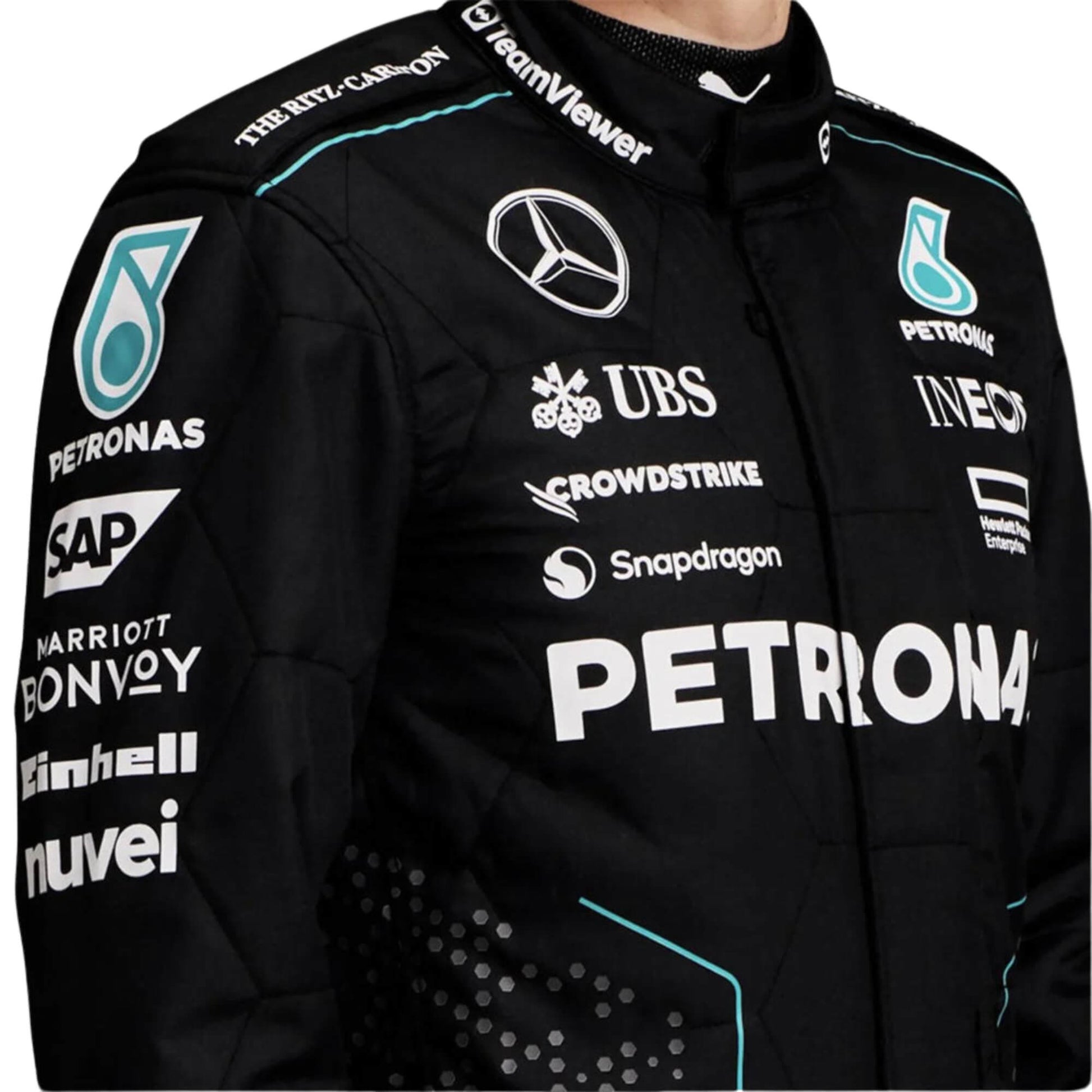Detailed close-up of fabric texture and stitching on George Russell’s 2024 motorsport suit, highlighting durability, breathability, and bold race elements.