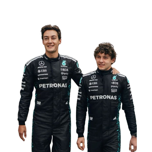Close-up of the 2025 race costume fabric worn by Russell and Antonelli, focusing on premium stitching, high-durability textile layers, and logo embossing.