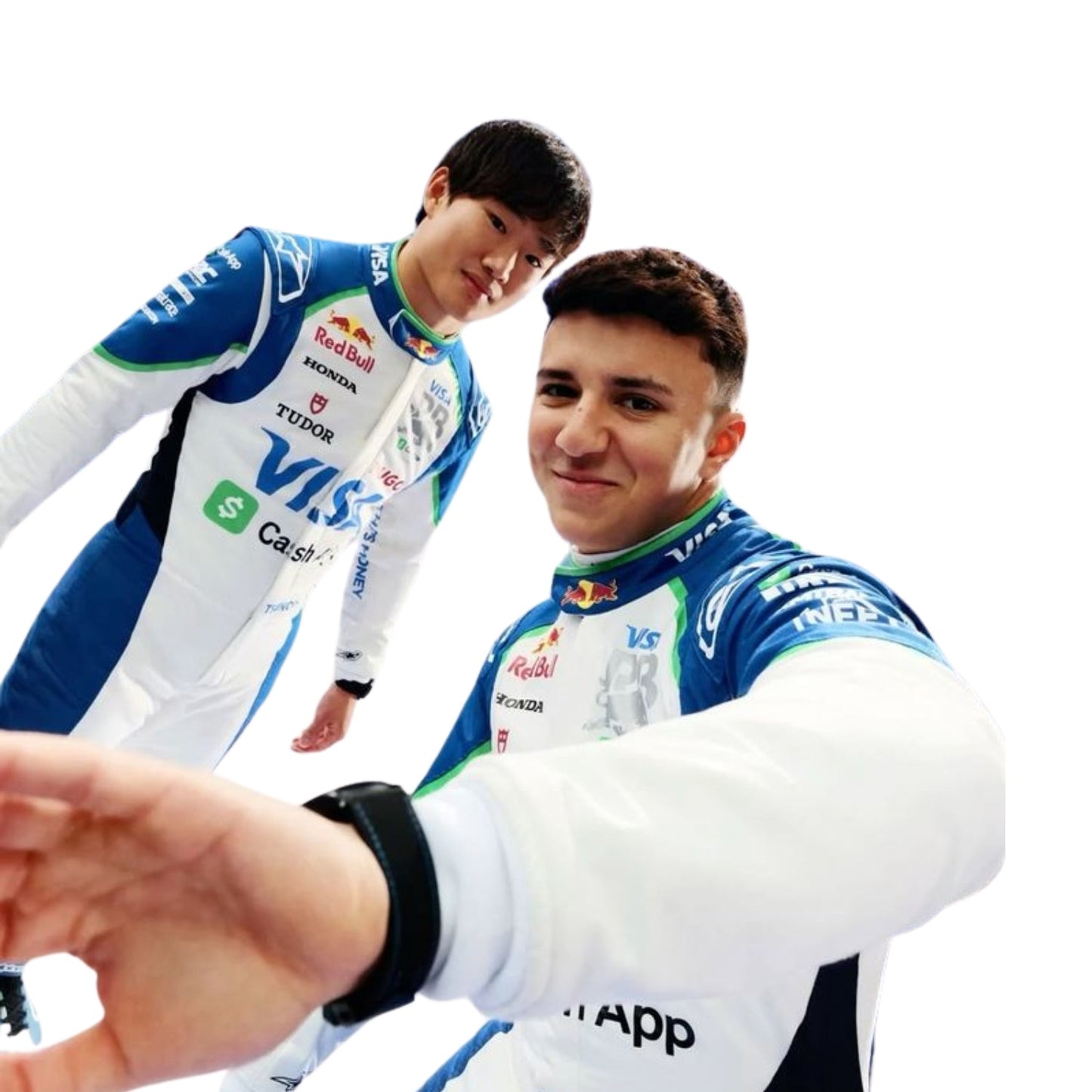 Close-up of Yuki Tsunoda's and Isack Hadjar 2025 F1 race suit, displaying the intricate white fabric with blue and green accents and detailed sponsor logos.