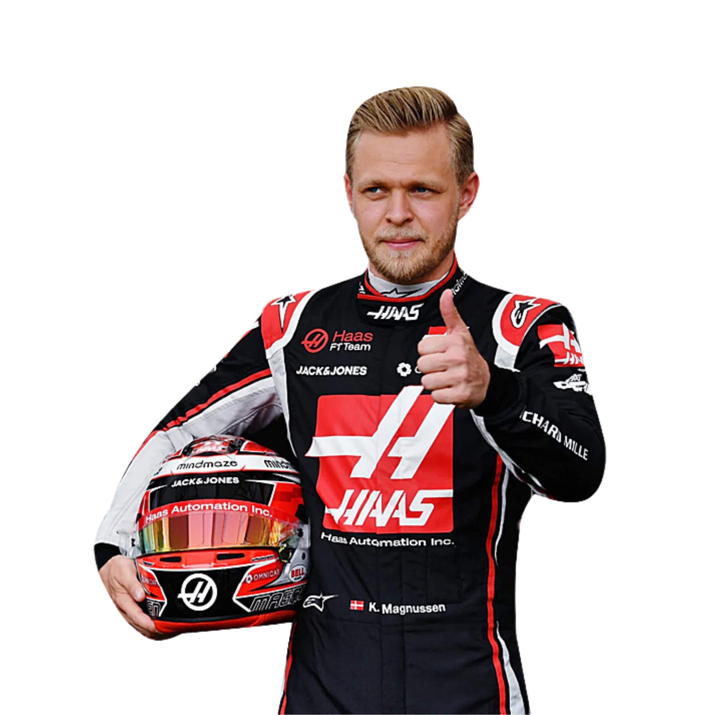 Closeup front view of Kevin Magnussen player 2020 F1 racing suit – sharp black and white design