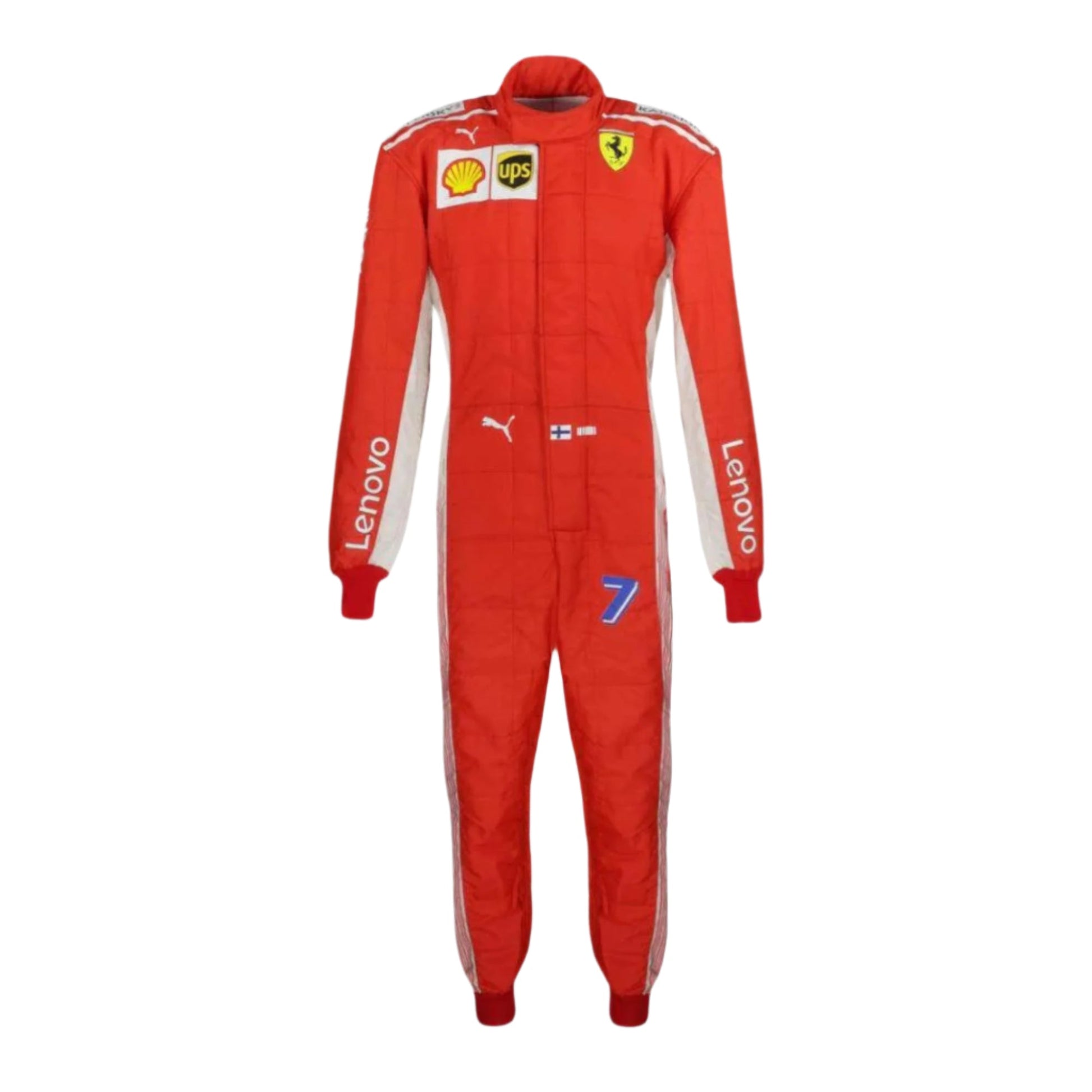 "Kimi Räikkönen 2018 F1 suit – front view showcasing sharp lines and professional styling