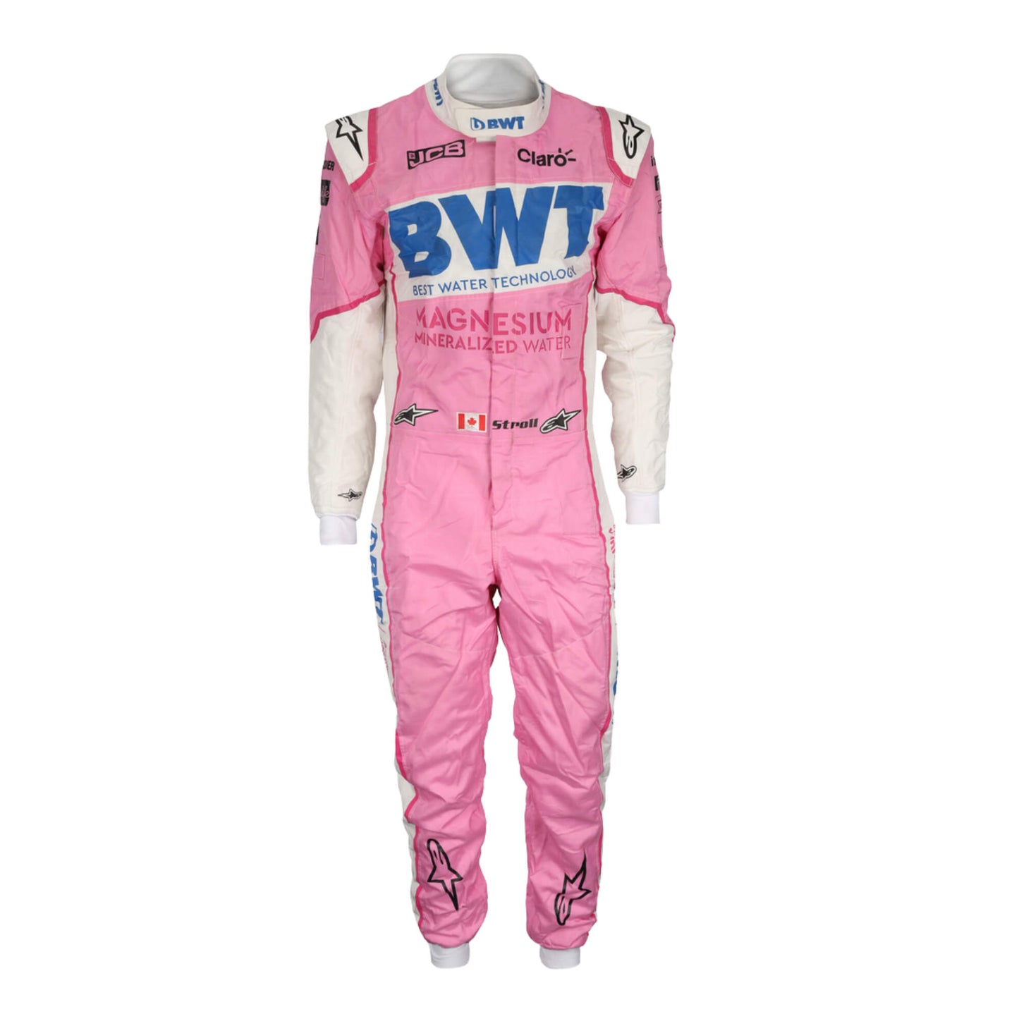 Front view of Lance Stroll 2020  F1 suit – vibrant pink and green design 