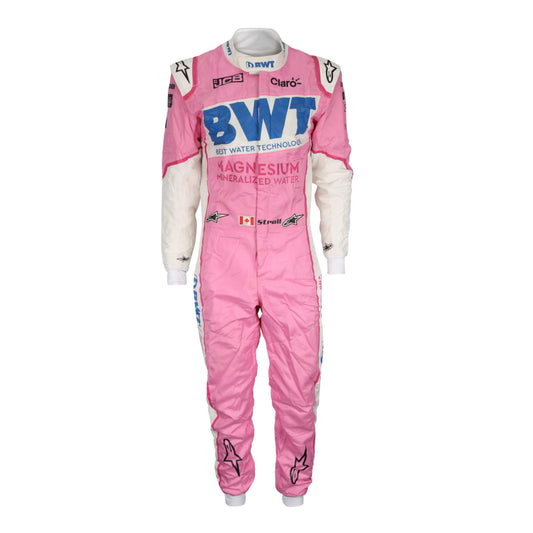 Front view of Lance Stroll 2020  F1 suit – vibrant pink and green design 