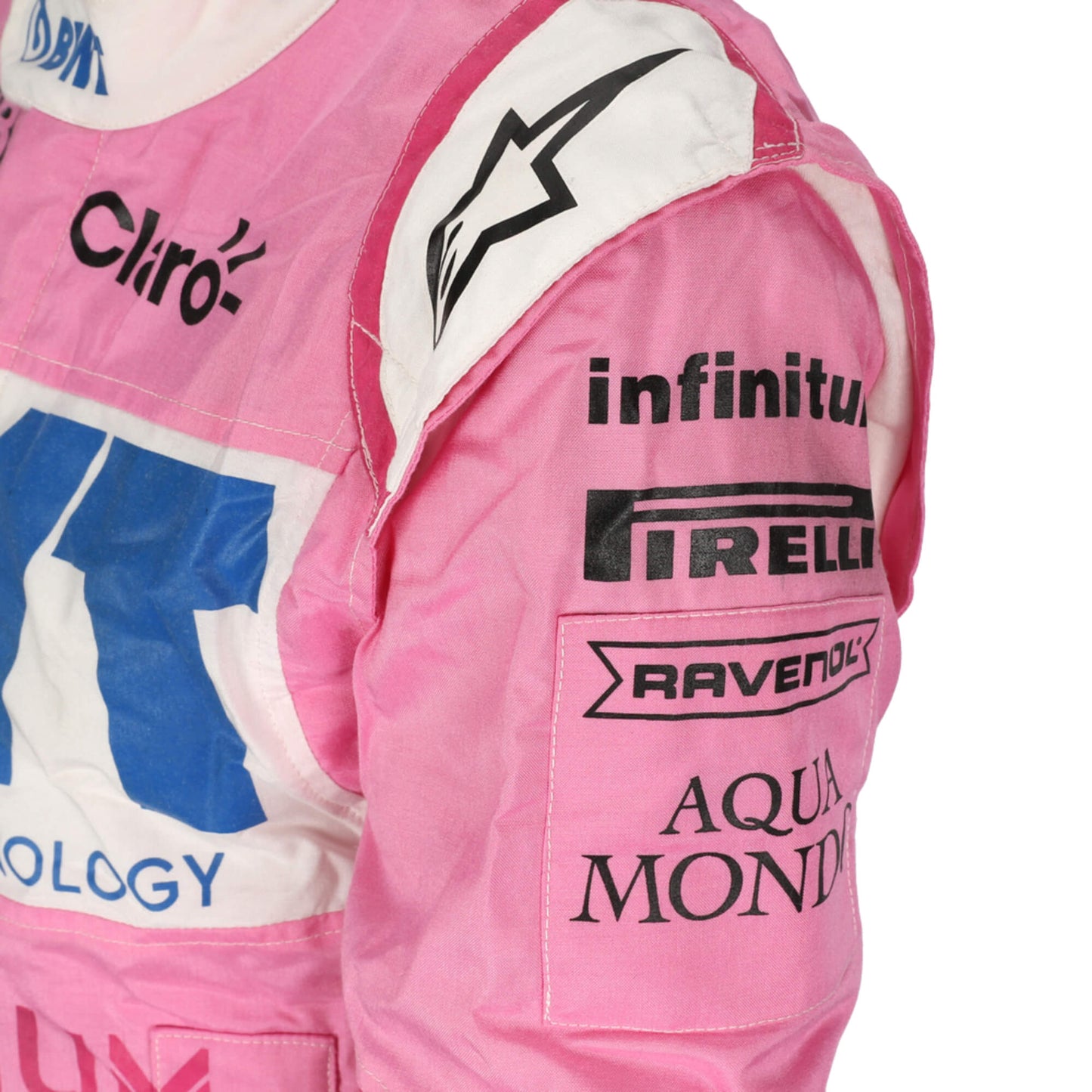 Close up view of shoulder Lance Stroll 2020  F1 suit – sharp image showcasing the bold pink and green color