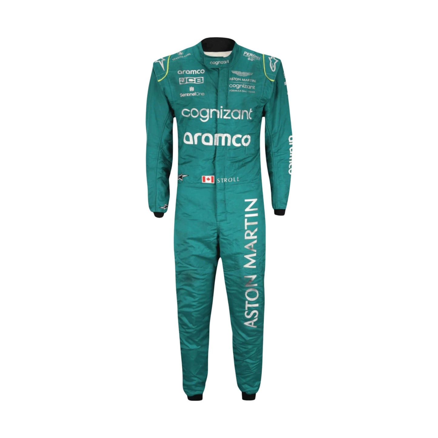 Lance Stroll 2022 Canadian GP F1 racing suit – front view of dark green suit with sharp race-fit styling.