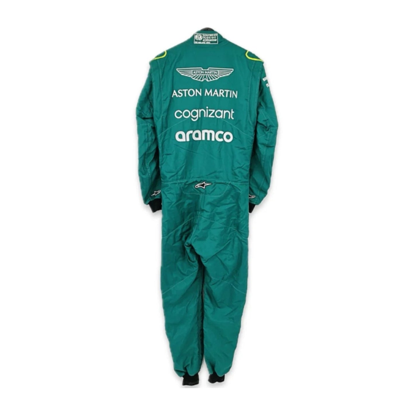 Back view of Lance Stroll 2022 Canadian GP racing suit – fitted deep green suit with professional cut and structure