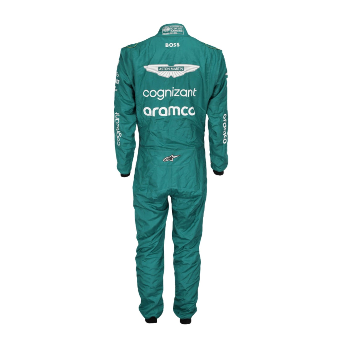 Rear view of Lance Stroll’s 2023 F1 racing suit, highlighting the back design with precise sponsor placements and a focus on aerodynamics, ensuring a fit tailored for optimal performance during races.