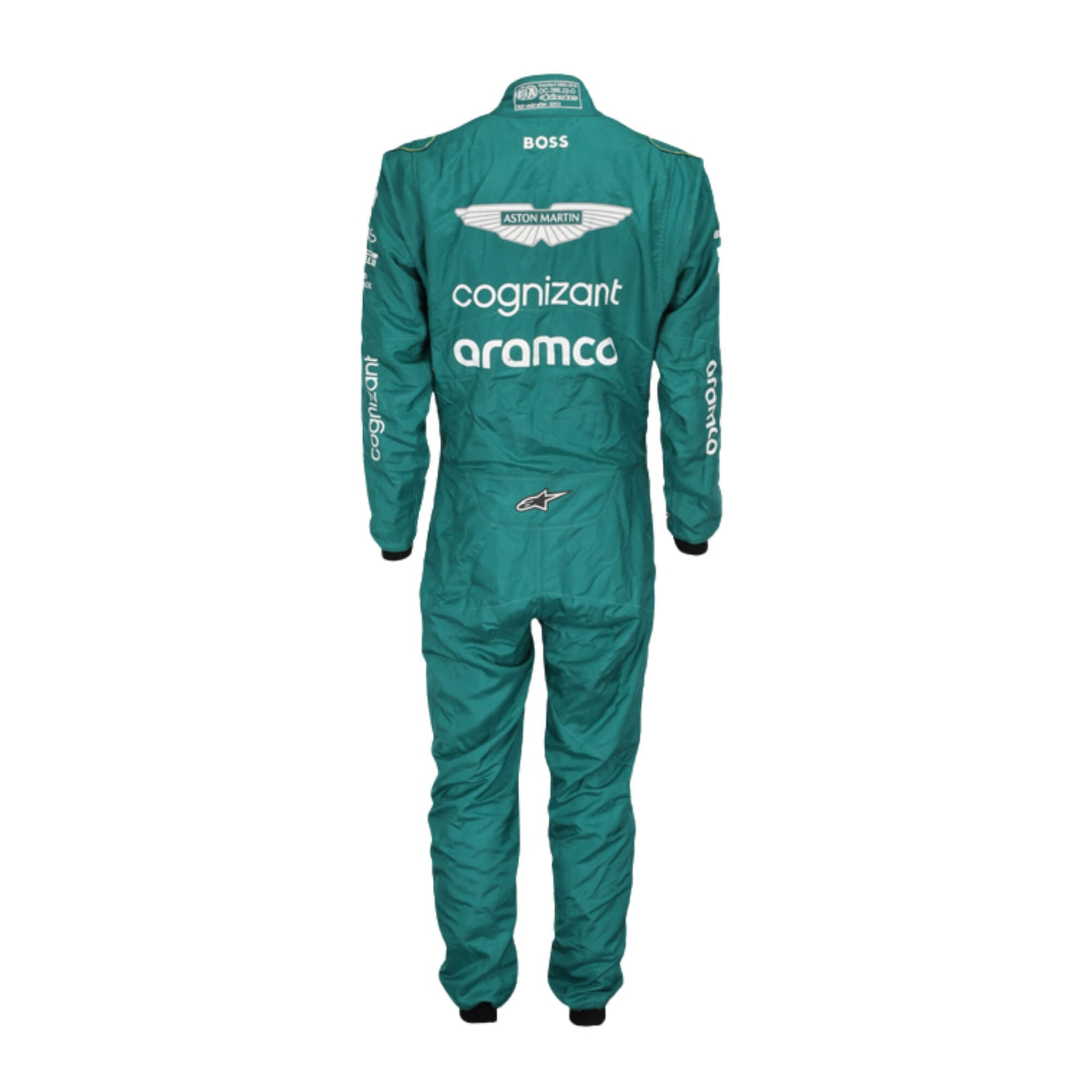 Rear view of Lance Stroll’s 2023 F1 racing suit, highlighting the back design with precise sponsor placements and a focus on aerodynamics, ensuring a fit tailored for optimal performance during races.