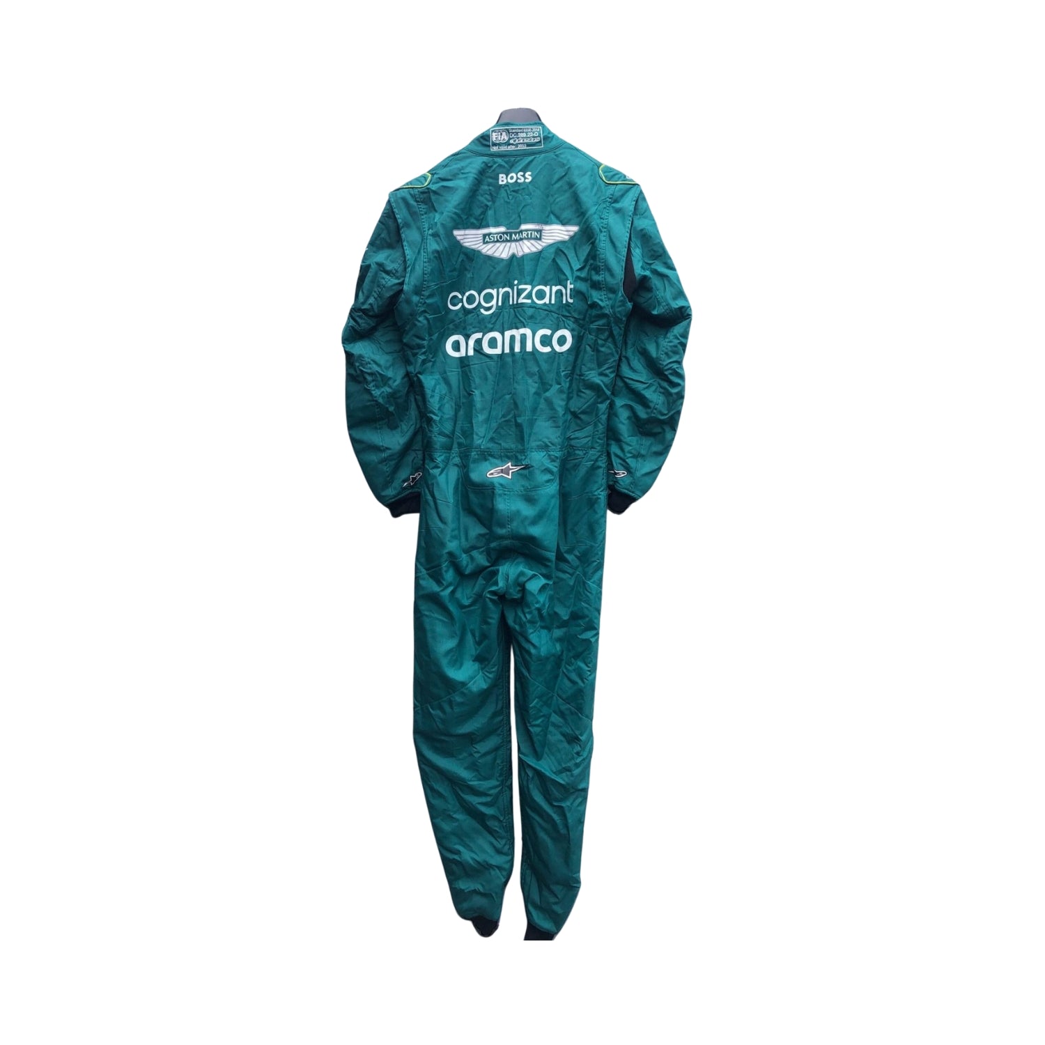 Rear view of Lance Stroll’s 2023 F1 racing suit, highlighting the back design with precise sponsor placements and a focus on aerodynamics, ensuring a fit tailored for optimal performance during races.