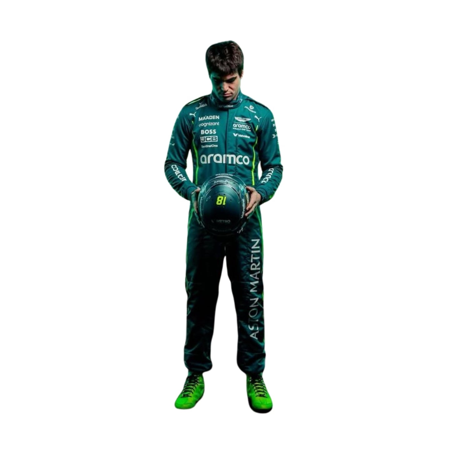 Front view of the 2025 F1 racing costume worn by Lance Stroll, showcasing British racing green with neon lime accents, breathable paneling, and detailed sponsor placements.
