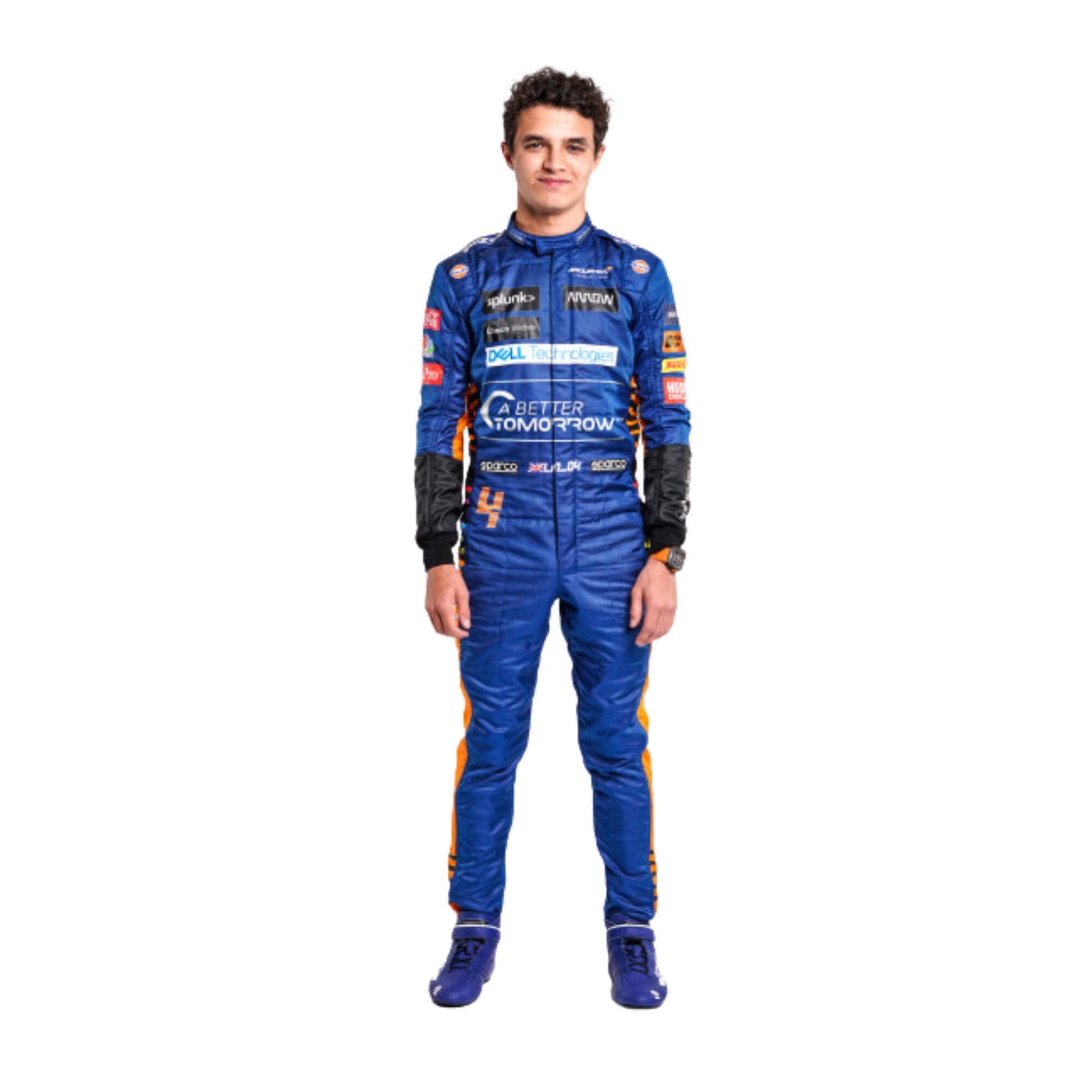 2020 Lando Norris F1 racing suit front view, showcasing Team McLaren's signature orange and black design, with prominent sponsor logos.