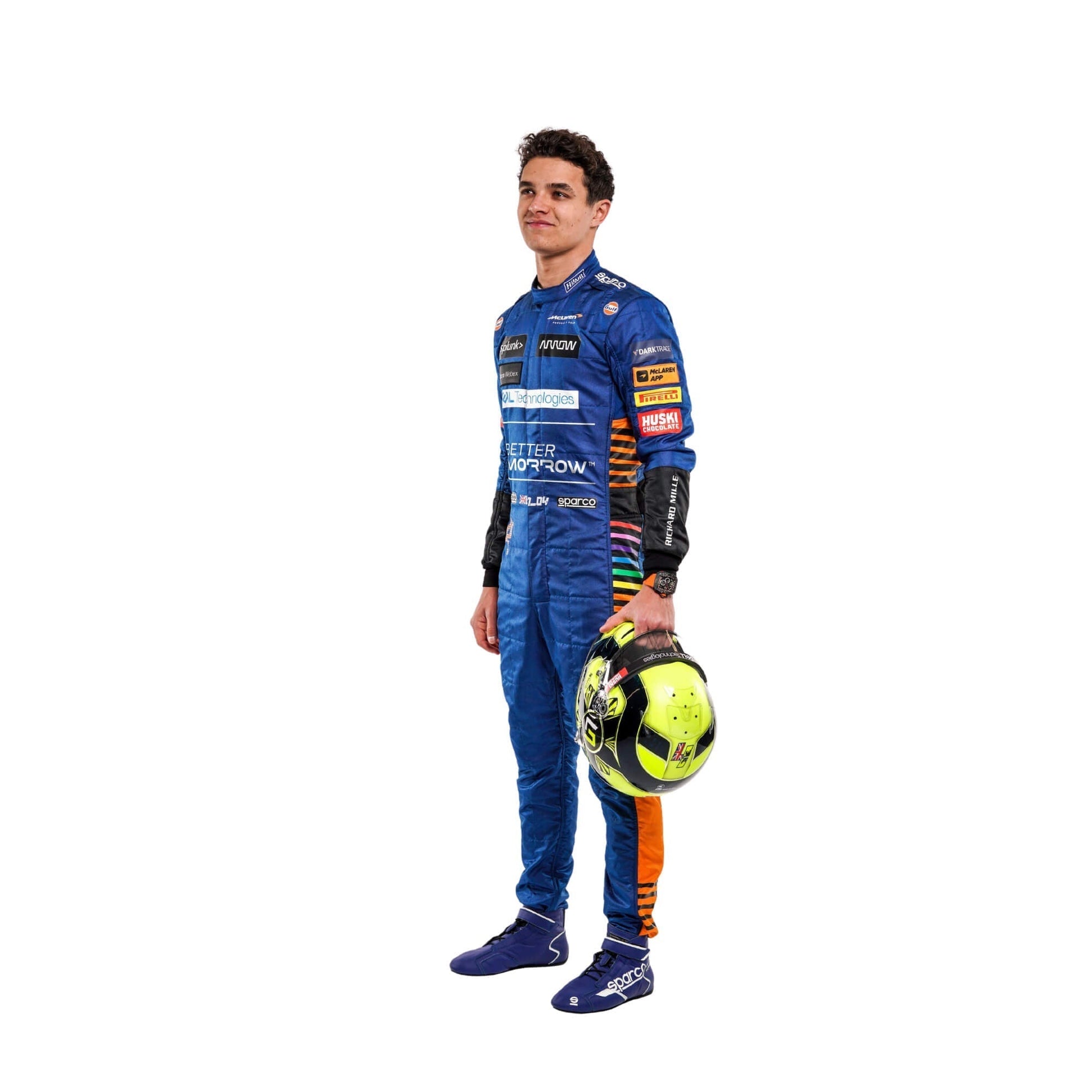 Side angle of Lando Norris 2021 race suit with stretch fabric and tailored sleeve design