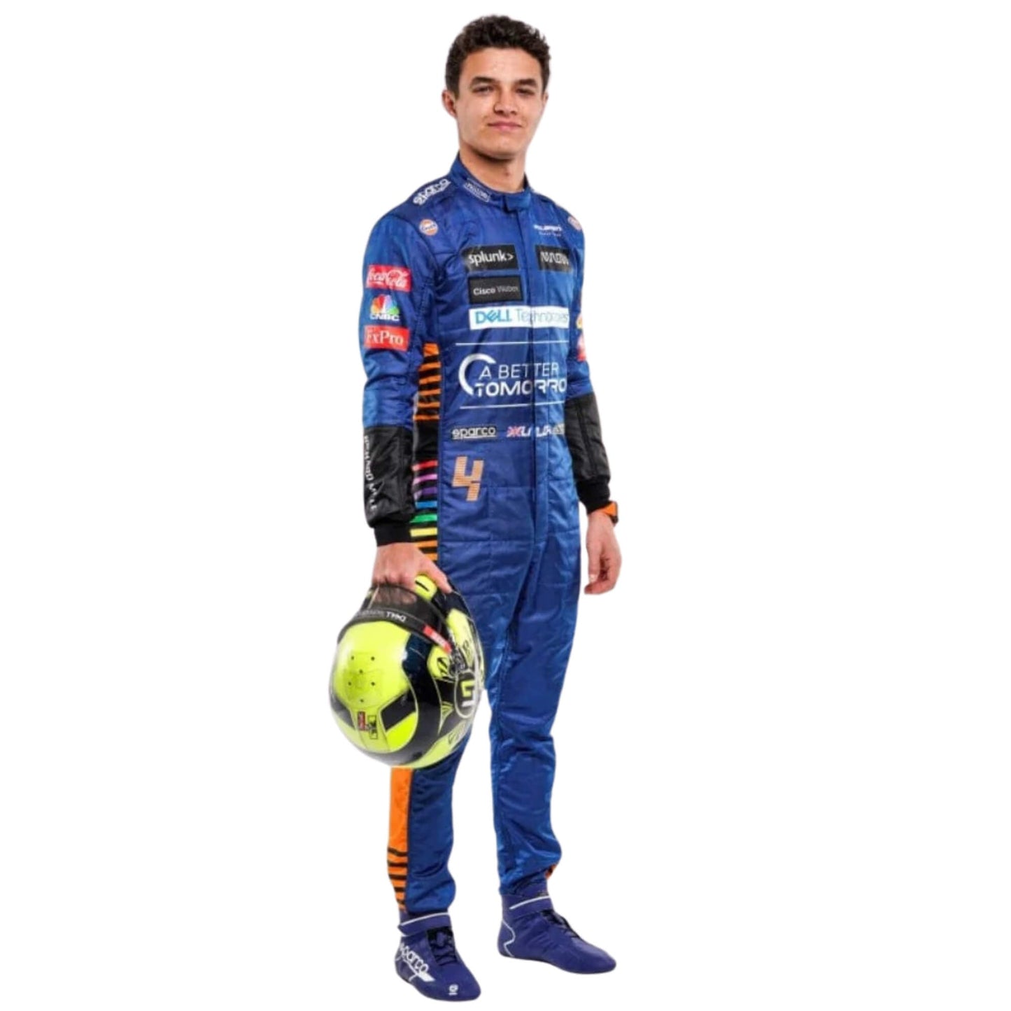 Lando Norris 2021 F1 racing suit front view with bold orange and blue details and sleek fit