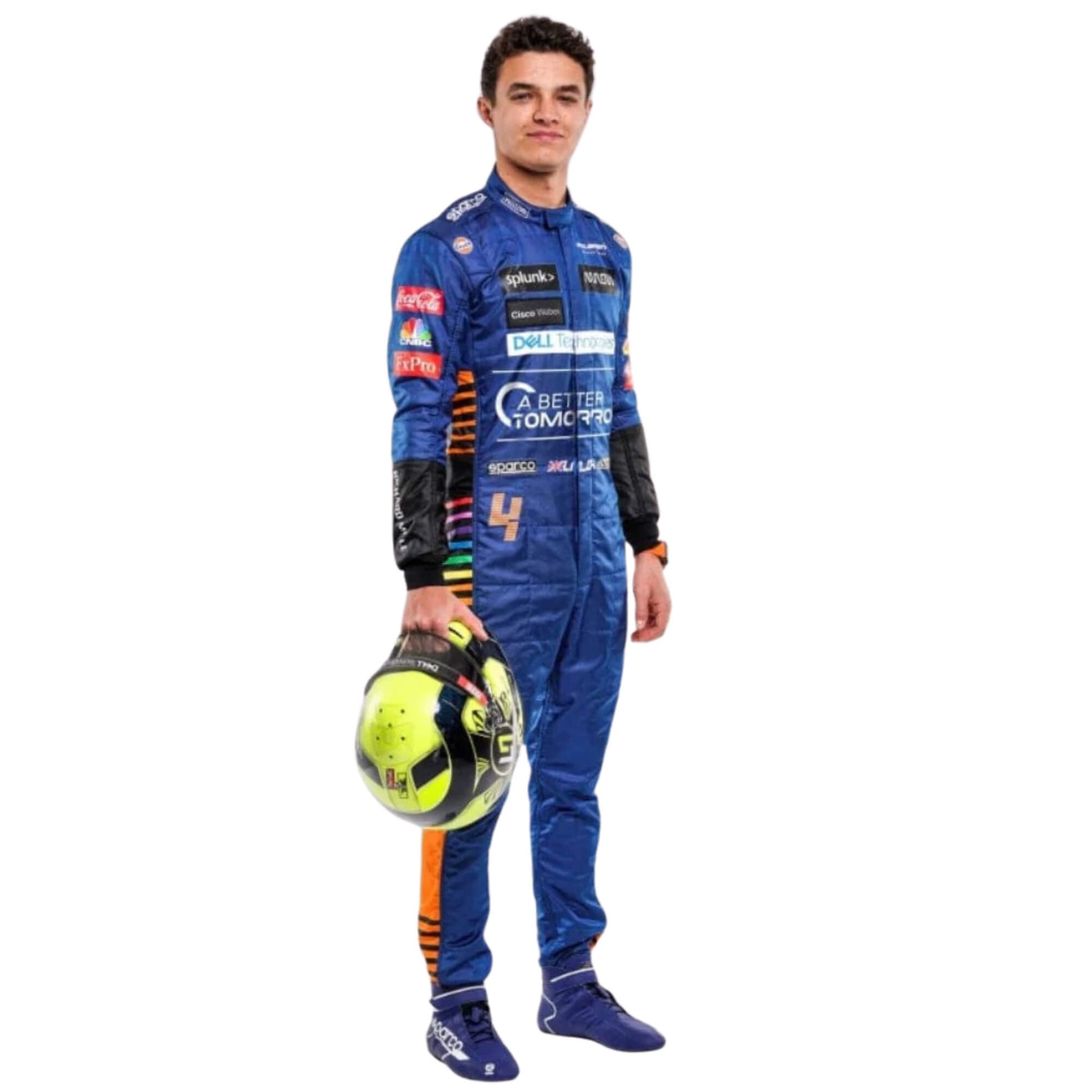 Lando Norris 2021 F1 racing suit front view with bold orange and blue details and sleek fit