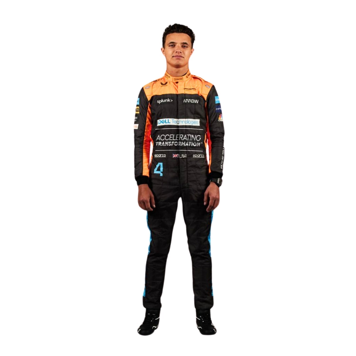 High-resolution image of Lando Norris 2022 suit – orange and blue racing apparel designed for F1 fans and collectors.
