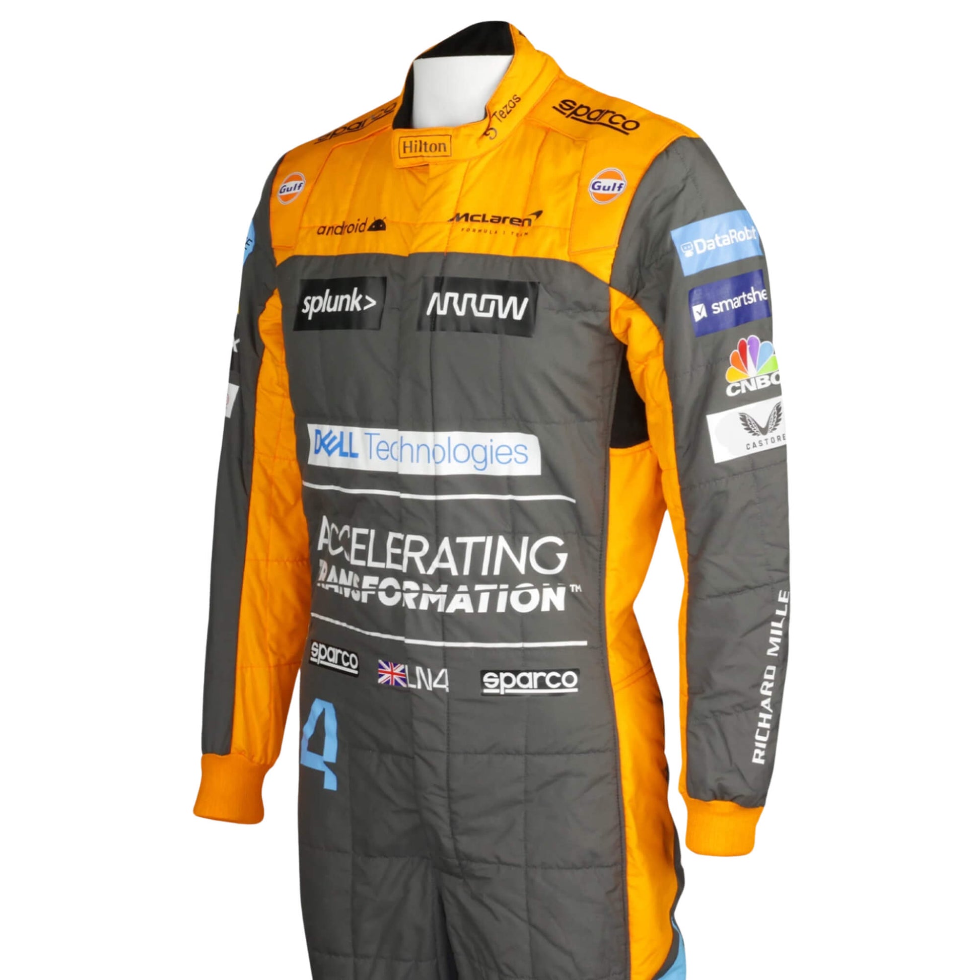 Left Close-up of Lando Norris 2022 racing suit – orange and blue color combination with fine stitching
