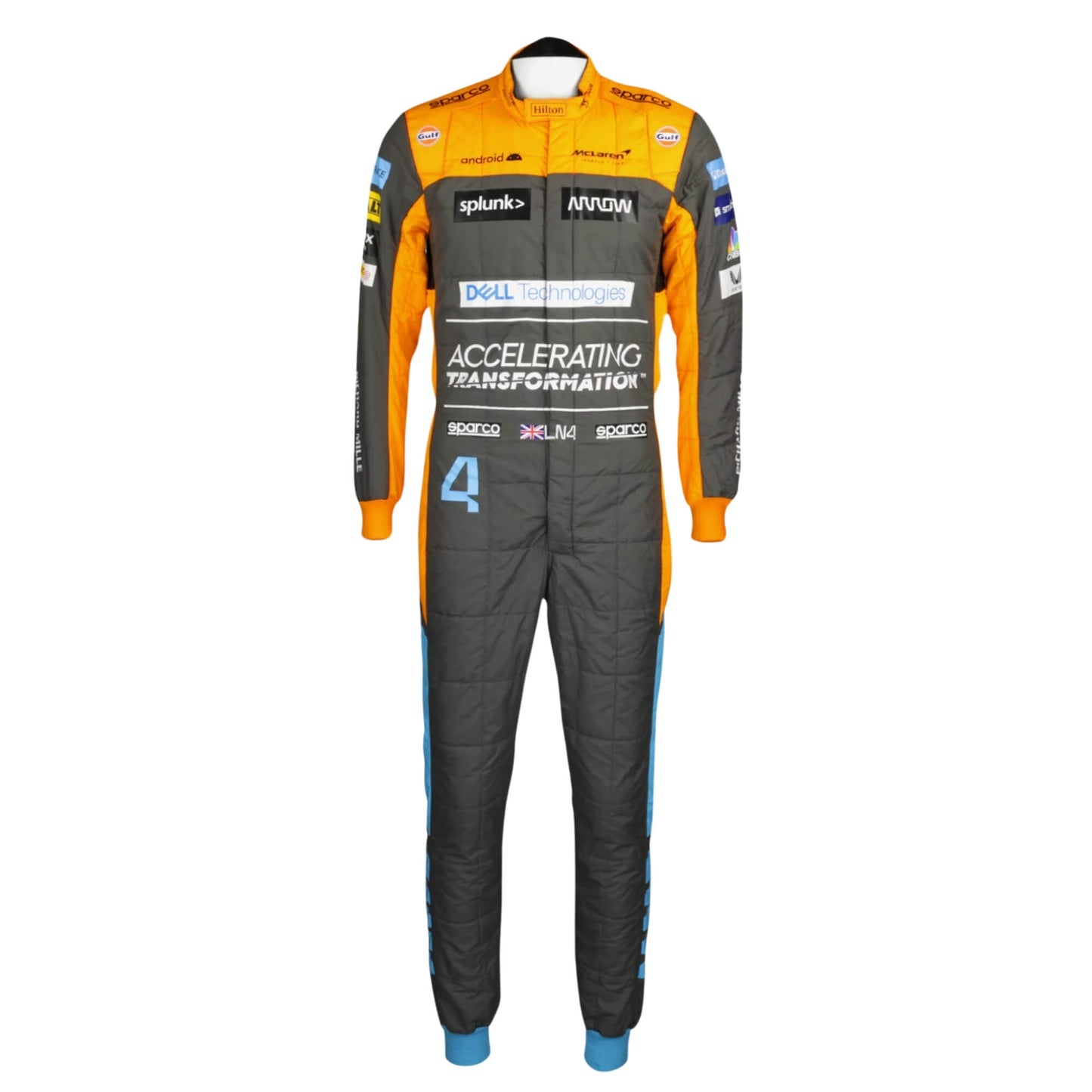 Lando Norris 2022 F1 racing suit – front view of bright orange and blue suit with bold racing details.