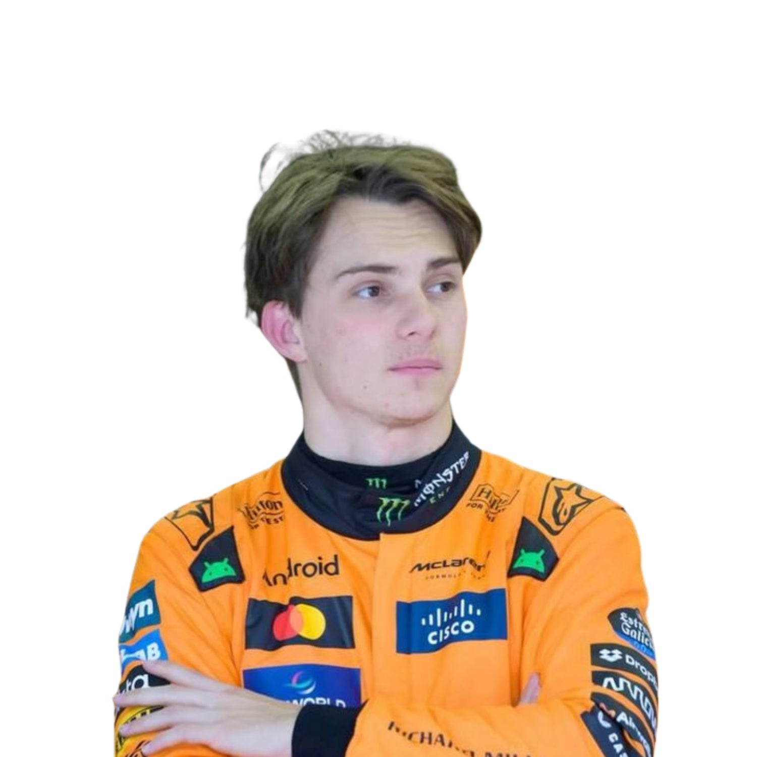 Close-up of Oscar Piastri in his 2025 racing suit, emphasizing fabric detail and race-day readiness.

