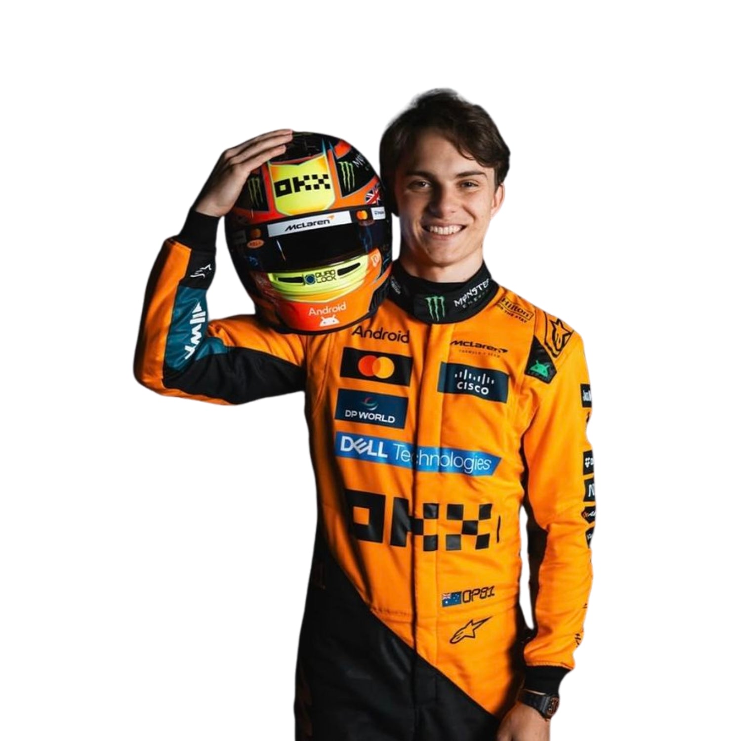 Close-up of Oscar Piastri in his 2025 racing suit holding helmet