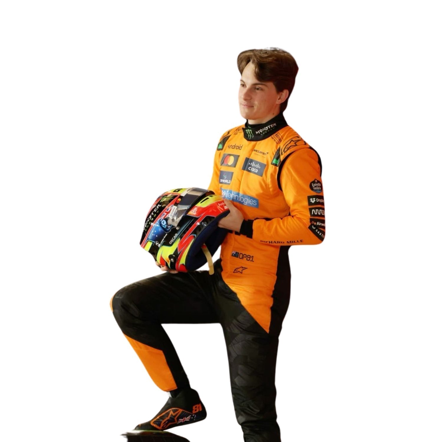Oscar Piastri standing in his 2025 F1 racing suit, showcasing its sleek fit and high-quality design.

