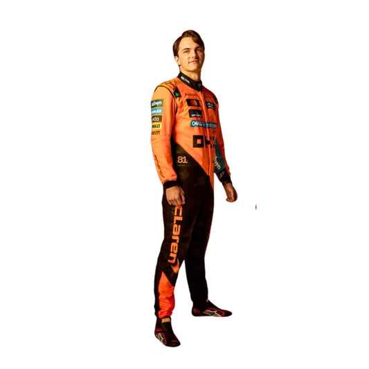 Oscar Piastri standing in his 2025 F1 racing suit, showcasing its sleek fit and high-quality design.

